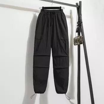 Dimanaf 2025 Лето Большой размер Эластичные Женские Длинные Брюки Свободные Однотонные Брюки-галифе Большой размер 5XL L чёрный