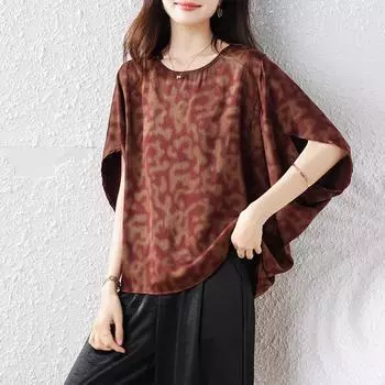 Dimanaf 2025 Лето Большой размер Новая футболка оверсайз Свободная Повседневная Женские топы Футболки Мода Рукава летучая мышь Рубашка L коричневый