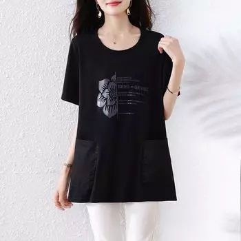 Dimanaf 2025 Лето Большой размер Новая футболка оверсайз с принтом Повседневные женские свободные топы Футболки Модная рубашка L чёрный