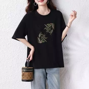 Dimanaf 2025 Лето Большой Размер Новая Футболка Свободная Повседневная Женская Топы Футболки Мода Оверсайз Рубашка L чёрный