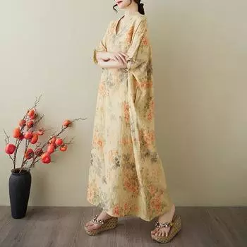 DIMANAF 2025 Лето Большой Размер Новое Платье Женщины Винтажное Длинное Повседневное Свободное Базовое Платье Макси с Принтом и V-образным Вырезом One Size