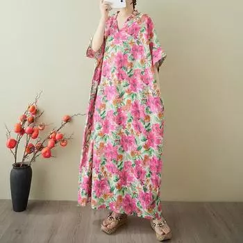 DIMANAF 2025 Лето Большой Размер Новое Платье Женщины Винтажное Длинное Повседневное Свободное Базовое Платье Макси с Принтом и V-образным Вырезом One Size