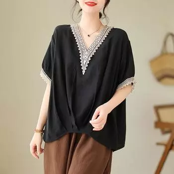Dimanaf 2025 Лето Большой размер Оверсайз Футболка Женская Свободные Топы Футболки Повседневная V-образный вырез Новая рубашка L чёрный
