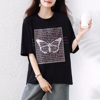 Dimanaf 2025 Лето Большой размер Оверсайз Футболка Женская Свободные Топы Футболки Модная Принтованная Повседневная Новая Рубашка L чёрный