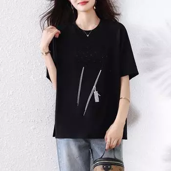 Dimanaf 2025 Лето Большой размер Оверсайз Футболка с круглым вырезом Женская Свободные топы Футболки Мода Повседневная Новая рубашка L чёрный
