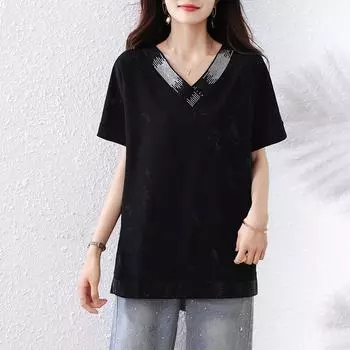 Dimanaf 2025 Лето Большой размер Оверсайз Футболка Женщины Свободные Топы Футболки Мода Повседневная Новая Рубашка L чёрный