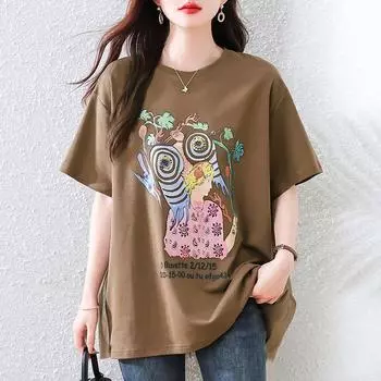 DIMANAF 2025 Лето Большой Размер Принт Женские Футболки Узор Круглый Вырез Короткий Рукав Топы Футболки Свободная Рубашка L коричневый