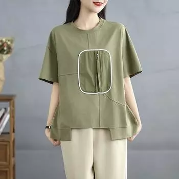 Dimanaf 2025 Лето Футболка больших размеров Асимметричная Женская С коротким рукавом Круглый вырез Короткая Свободная Однотонная Топы Футболки L зелёный