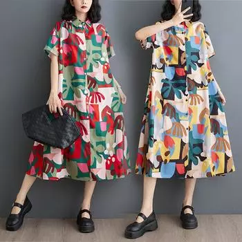 DIMANAF 2025 Лето Новое Платье Большого Размера Женское Платье Свободное Длинное Винтажное Повседневное Базовое Платье-рубашка с Принтом One Size красный