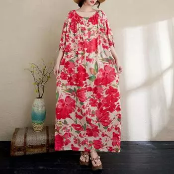 DIMANAF 2025 Лето Новое Платье Больших Размеров Базовое Женское Оверсайз Повседневное Свободное Цветочное Пляжное Винтажное Платье Макси One Size красный