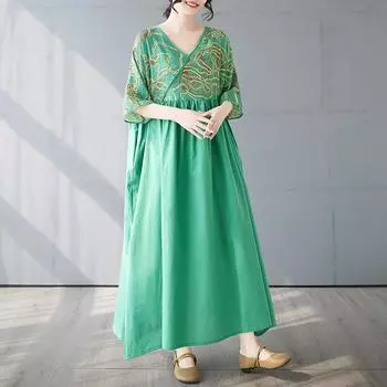 Dimanaf 2025 Лето Новое Платье Больших Размеров Базовое Женское Повседневное Свободное Длинное Винтажное Плиссированное Платье Макси с V-образным Вырезом One Size зелёный