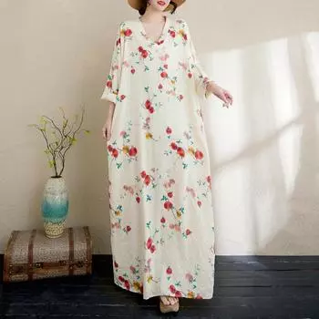 Dimanaf 2025 Лето Новое Платье Больших Размеров Базовое Женское Оверсайз Повседневное Свободное Пляжное Винтажное Платье Макси с V-образным Вырезом One Size бежевый