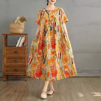 Dimanaf 2025 Лето Новое Плюс Размер Винтажное Платье Женское Повседневное Длинное Платье Свободное Базовое Льняное Платье С Принтом M оранжевый