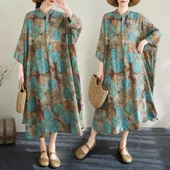DIMANAF 2025 Лето Новое Женское Длинное Платье-рубашка Больших Размеров Базовое Оверсайз Винтажный Принт Повседневное Свободное Платье One Size синий