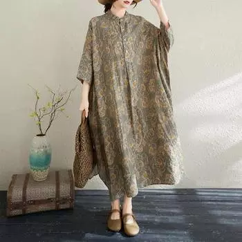 Dimanaf 2025 Лето Новое Женское Длинное Платье-рубашка Больших Размеров Базовое Оверсайз Цветочное Повседневное Свободное Платье One Size дубильная кора