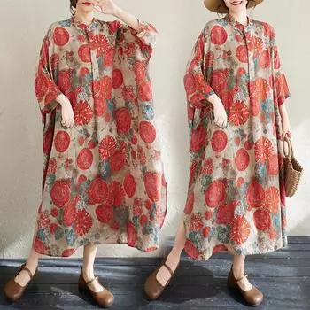 Dimanaf 2025 Лето Новое Женское Платье-рубашка Большого Размера Свободное Длинное Базовое Платье Оверсайз С Винтажным Принтом Повседневное Платье One Size красный