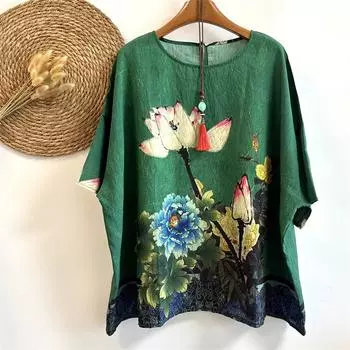 Dimanaf 2025 Лето Новые Футболки Свободные Женские Плюс Размер Короткий Рукав Цветочный Принт Оверсайз Льняные Топы Футболки One Size зелёный