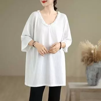 Dimanaf 2025 Лето Однотонные Базовые Больших Размеров Женские Футболки Топы с Коротким Рукавом Футболки Свободная Рубашка Макси One Size белый