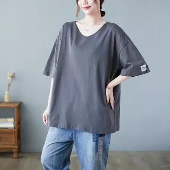 Dimanaf 2025 Лето Однотонные Большие Размеры Футболки Женские Короткие Рукава Длинные Свободные Топы Футболки One Size коричневый