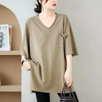 Dimanaf 2025 Лето Однотонные Большие Размеры V-образный вырез Футболка Женская Короткий Рукав Длинные Пуговицы Свободные Топы Футболки One size белый