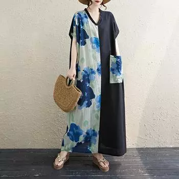 Dimanaf 2025 Лето Платье больших размеров Базовое Женское Свободное Длинное Винтажное Новое Оверсайз Цветочное Платье Макси One Size