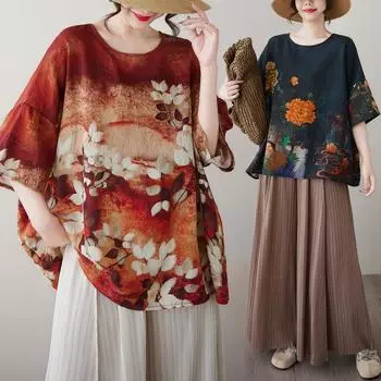 DIMANAF 2025 Лето Плюс Размер Цветочный Плюс Размер Футболка Женская Короткий Рукав Винтаж Свободные Топы Футболки One Size чёрный