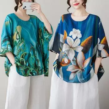 Dimanaf 2025 Лето Плюс Размер Цветочный Плюс Размер Футболка Женская Короткий Рукав Винтаж Свободные Топы Футболки Макси One Size синий