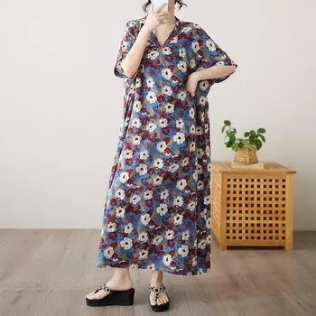 Dimanaf 2025 Лето Плюс Размер Длинное Платье Базовое Женское Цветочное Повседневное Свободное Винтажное Оверсайз V-образный вырез Новое Платье с Принтом One Size синий