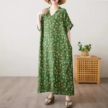 DIMANAF 2025 Летнее Платье Большого Размера Длинное Базовое Женское Цветочное Повседневное Винтажное Свободное Оверсайз V-образный Вырез Новое Платье с Принтом One Size зелёный