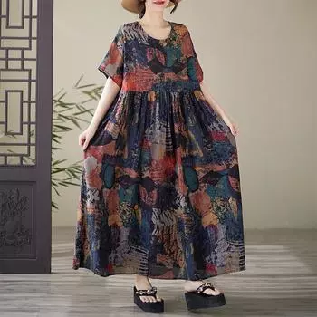 Dimanaf 2025 Лето Плюс Размер Длинное Платье Базовое Женское Повседневное Свободное Винтажное О-Образным Вырезом Печати Новое Платье One Size чёрный
