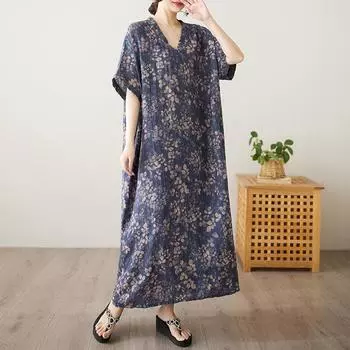 Dimanaf 2025 Лето Плюс Размер Длинное Платье Базовое Женское Повседневное Свободное Винтажное Платье Оверсайз с V-образным вырезом Новое Платье С Принтом One Size синий
