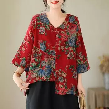 Dimanaf 2025 Лето Плюс Размер Футболка Асимметричная Женская V-образный вырез Свободные Цветочные Базовые Топы Футболки Макси M красный