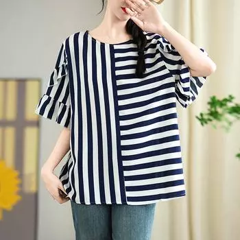 Dimanaf 2025 Лето Плюс Размер Футболка с коротким рукавом Полосатая Женская О-образным вырезом Свободные Базовые Топы Футболки XL темно-синий