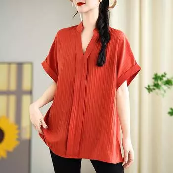 Dimanaf 2025 Лето Плюс Размер Футболка с коротким рукавом V-образным вырезом Женская однотонная свободная базовая футболка макси XL красный