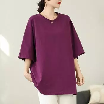 Dimanaf 2025 Лето Плюс Размер Футболка с круглым вырезом Женская однотонная Свободная Базовая футболка с коротким рукавом Повседневная рубашка One Size чёрный