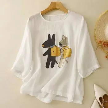 Dimanaf 2025 Лето Плюс Размер Футболка Женская Винтаж Свободный Принт Льняные Базовые Топы Футболки Макси M белый