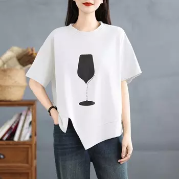 Dimanaf 2025 Лето Плюс Размер Футболка Женская Асимметричный Принт Короткий Рукав Свободные Топы Футболки Повседневные L белый