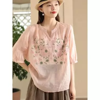 Dimanaf 2025 Лето Плюс Размер Футболка Женская Вышивка Короткий Рукав V-образный Вырез Винтаж Новые Свободные Топы Футболки Макси M розовый