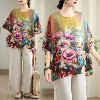 Dimanaf 2025 Лето Плюс Размер Футболка Женская Цветочный Принт Короткий Рукав Винтаж Новые Свободные Топы Футболки Макси One Size жёлтый