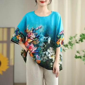 Dimanaf 2025 Лето Плюс Размер Футболка Женская Цветочный Принт Короткий Рукав О-Образный Вырез Винтаж Новые Свободные Топы Футболки Макси One Size синий