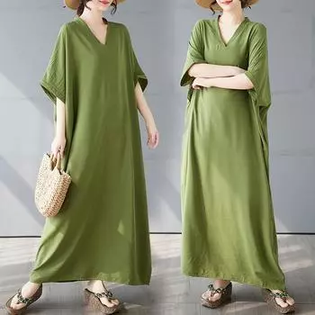 Dimanaf 2025 Лето Плюс Размер Хлопок Платье Базовый Женский Винтаж Повседневный Свободный Длинный Новый Сплошной Платье Макси One Size зелёный