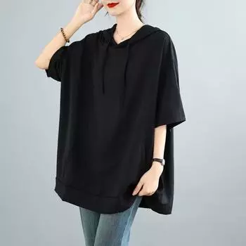 Dimanaf 2025 Лето Плюс Размер Худи Однотонная Футболка Оверсайз Женские Свободные Топы Футболки Повседневная Новая Рубашка One Size чёрный