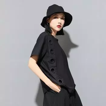 Dimanaf 2025 Лето Плюс Размер Новая Футболка Женская Однотонная Короткий Рукав Хлопок Свободные Черные Топы Футболки Повседневные M чёрный