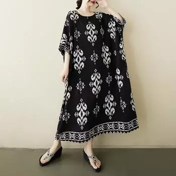 DIMANAF 2025 Летнее Новое Платье Большого Размера Базовый Принт Женское Повседневное Длинное Оверсайз Свободное Платье Макси Винтаж One Size чёрный