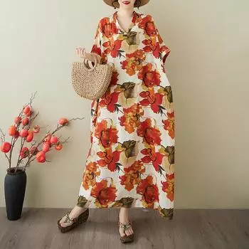 DIMANAF 2025 Лето Большой Размер Новое Платье Женщины Винтажное Длинное Повседневное Свободное Базовое Платье Макси с Принтом и V-образным Вырезом one size