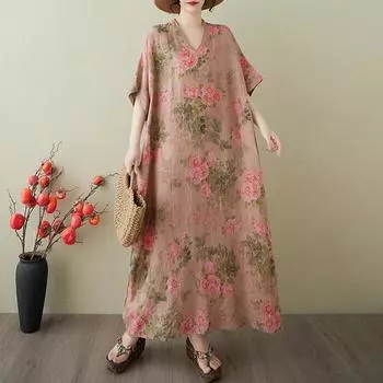 DIMANAF 2025 Лето Большой Размер Новое Платье Женщины Винтажное Длинное Повседневное Свободное Базовое Платье Макси с Принтом и V-образным Вырезом One Size