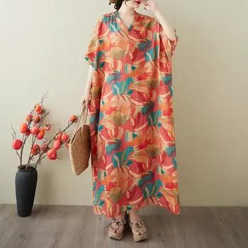 DIMANAF 2025 Лето Большой Размер Новое Платье Женщины Винтажное Длинное Повседневное Свободное Базовое Платье Макси с Принтом и V-образным Вырезом One Size