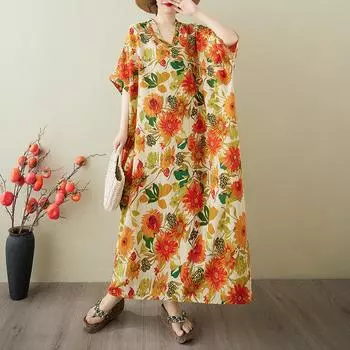 DIMANAF 2025 Лето Большой Размер Новое Платье Женщины Винтажное Длинное Повседневное Свободное Базовое Платье Макси с Принтом и V-образным Вырезом One Size