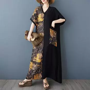 Dimanaf 2025 Лето Плюс Размер Новое Пляжное Платье Базовое Свободное Женское Повседневное Платье С Принтом V-образным Вырезом Длинное Винтажное Платье Макси One Size жёлтый