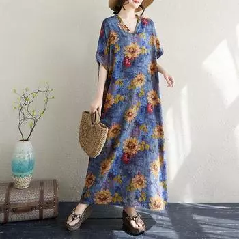 Dimanaf 2025 Лето Плюс Размер Новое Пляжное Платье Базовое Свободное Женское Повседневное Цветочное Печать V-образным Вырезом Длинное Винтажное Платье Макси One Size синий